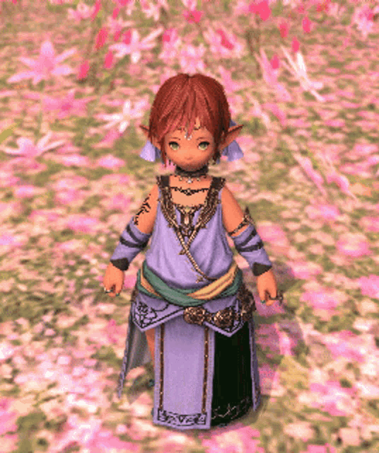a girl in a purple dress is standing in a field of flowers