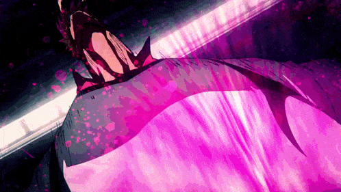 a shark is being attacked by a sword with a pink light coming out of it 's mouth .