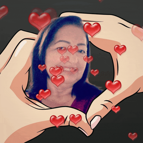 a woman 's face is surrounded by red hearts in a frame