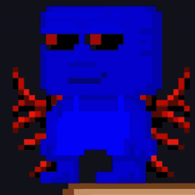a pixel art drawing of a blue monster with red arms