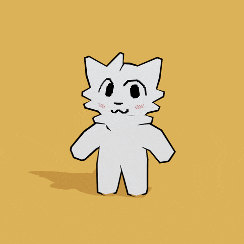 a cartoon drawing of a white furry animal with a red block in the background
