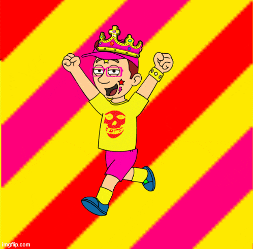 a cartoon boy wearing a crown and a yellow shirt with a skull on it