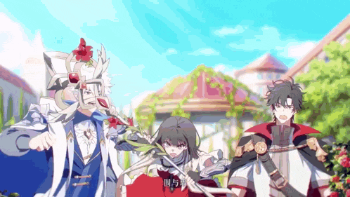 a group of anime characters standing in front of a building with chinese writing on it