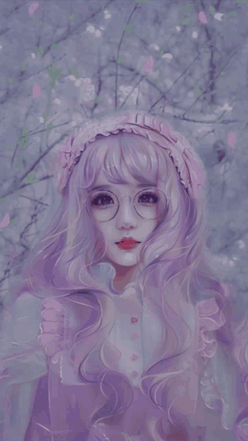 a painting of a girl with purple hair