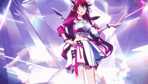 a girl with long red hair is dancing in a purple and white dress