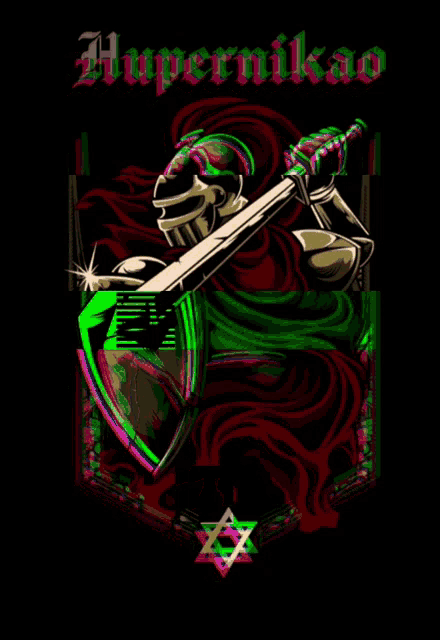 a poster with a knight holding a sword and the word hypermilkao on it