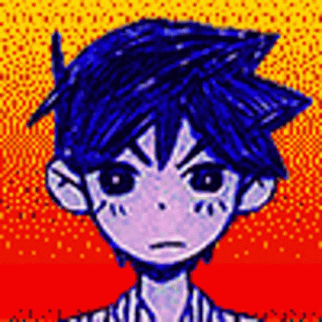 a pixel art drawing of a boy with blue hair and big eyes .