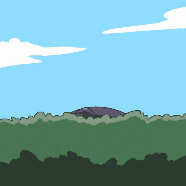 a cartoon drawing of a black cat looking over a grassy hill