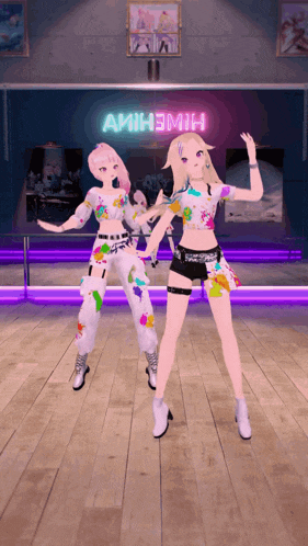 two anime girls are dancing in front of a neon sign that says amih3mih