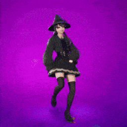 a woman in a witch costume with a purple background