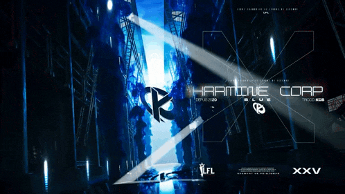 a logo for karmine corp blue is displayed in a dark city