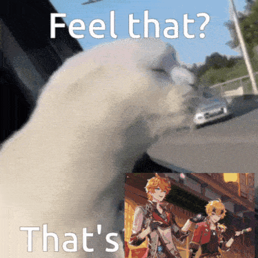 a cat 's paw is next to a picture of two anime characters and the words feel that that 's that 's