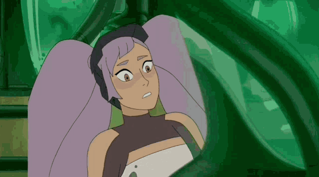 a cartoon character with purple hair and a black top