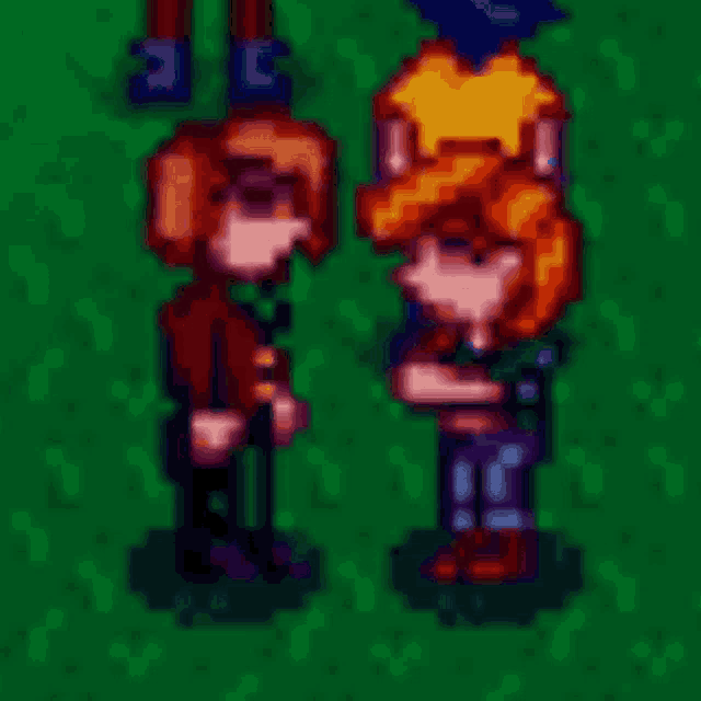 a couple of pixel art characters standing next to each other on a green field .