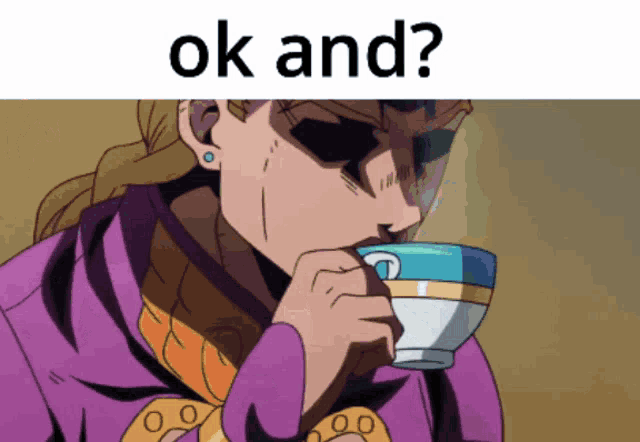 a cartoon of a person drinking from a cup with the words ok and below them