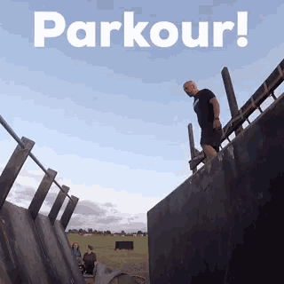 a man is jumping over a fence with the words parkour written above him