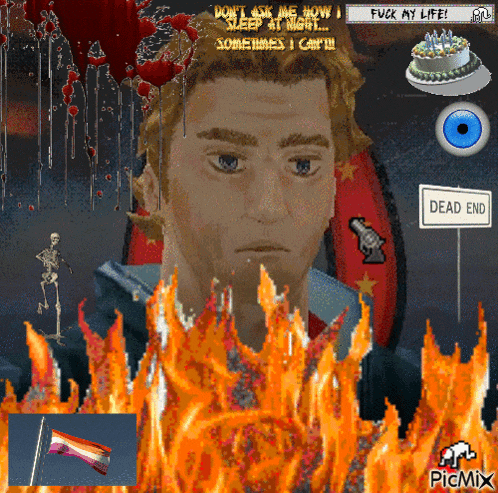 a pixel art of a man surrounded by fire and a dead end sign