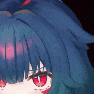 a close up of a anime girl with blue hair and red eyes