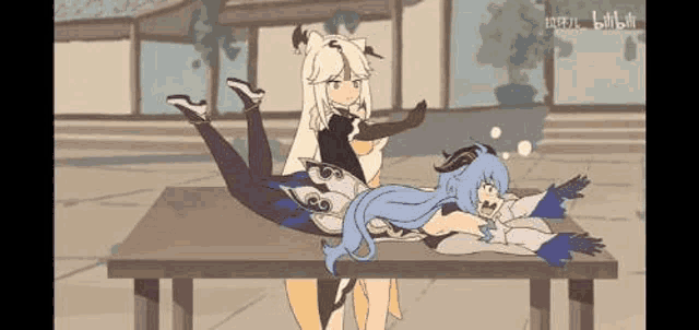 a cartoon of a girl laying on top of another girl laying on a table .