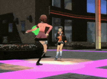 a girl in a pink skirt is dancing with another girl in a black jacket
