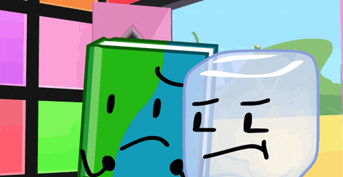 a cartoon drawing of a book and a cube with faces on them