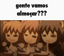 three anime characters are eating noodles with the words gente vamos almocar
