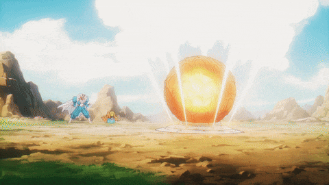 a cartoon of a man standing in front of a huge orange ball