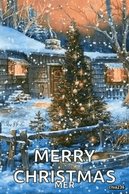 a merry christmas card with a christmas tree in front of a house
