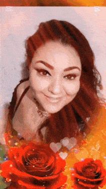 a woman with red hair is surrounded by hearts and roses