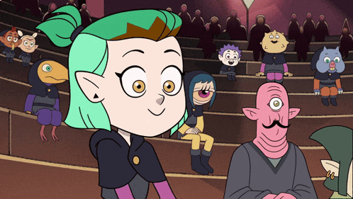 a cartoon of a girl with green hair and a crown on her head