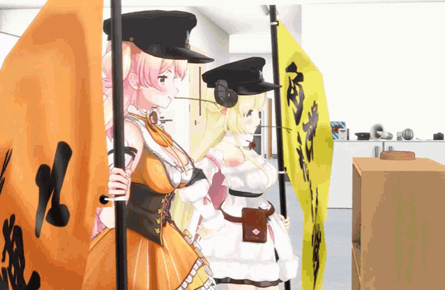 two anime girls are standing next to each other holding flags one of which has chinese writing on it