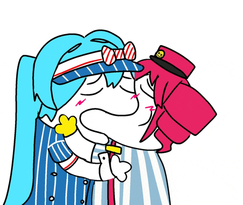 a couple of cartoon characters are hugging each other with one wearing a top hat with a smiley face on it