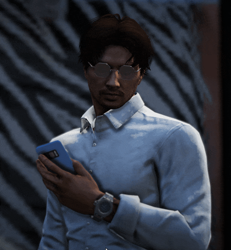 a man wearing glasses and a watch is holding a phone