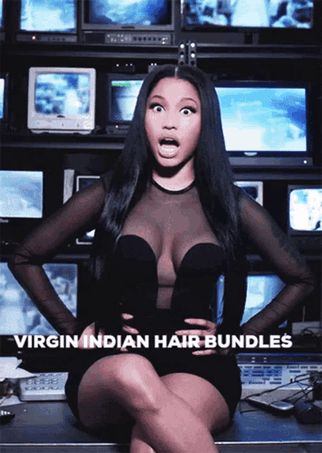 a woman in a black dress is sitting in front of a bunch of televisions and the words virgin indian hair bundles are visible