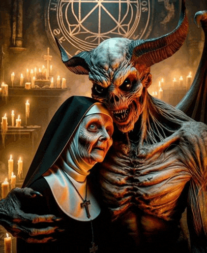 a demon and a nun are posing for a picture