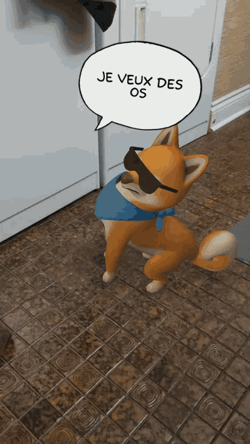 a dog wearing sunglasses and a bandana says je veux des os in a speech bubble