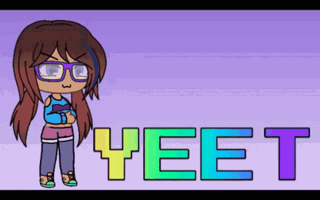 a girl with glasses stands in front of a purple background that says yeet