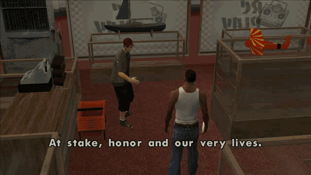 a video game scene with the words at stake honor and our very lives on the bottom