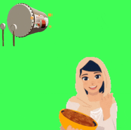a cartoon illustration of a woman holding a bowl of food with the words salsha ucapan selamat berbuka puasa