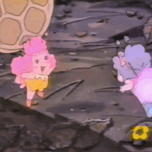 two cartoon characters are standing next to each other on a rocky surface