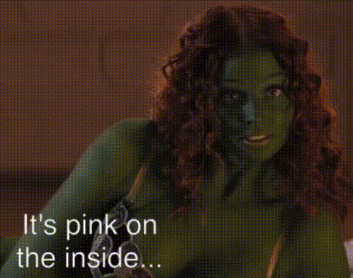 a picture of a woman with green skin and the words " it 's pink on the inside "