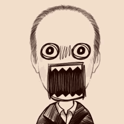 a black and white drawing of a man with a big mouth and big eyes