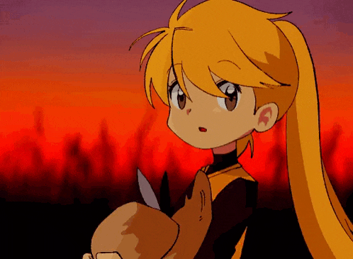 a cartoon girl with long blonde hair is holding a knife