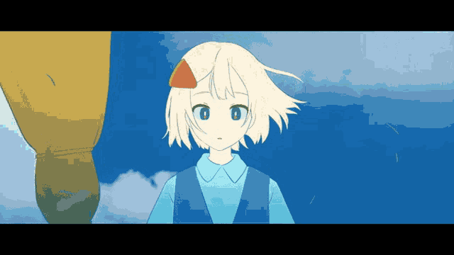 a drawing of a girl in a blue shirt with a red flower in her hair
