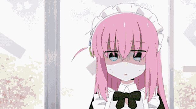 a pixel art of a girl with pink hair looking out a window