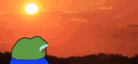 a cartoon frog is standing in front of a sunset with the sun shining through the clouds .