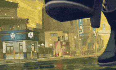 a cartoon drawing of a city street with a sign that says ' a ' on it