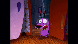 a cartoon of courage the cowardly dog is standing in a doorway