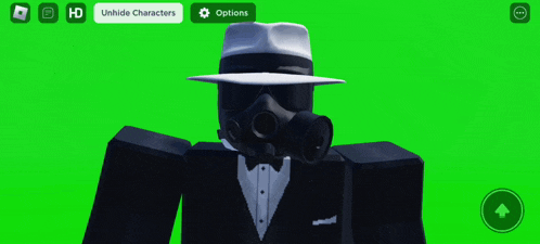 a screenshot of a video game shows a character wearing a tuxedo and a gas mask