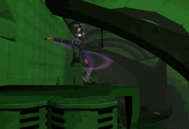 a video game character is holding a gun in a dark room